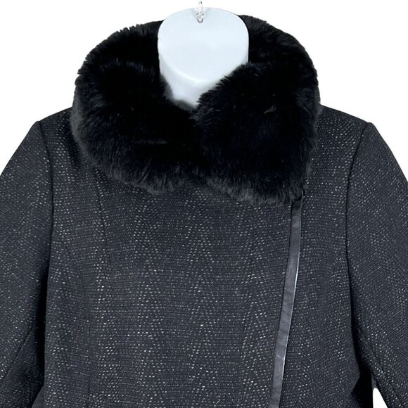 Via Spiga Women 16W Black Wool Blend Faux Fur Collar Asymmetrical Coat Old Money - Picture 5 of 16